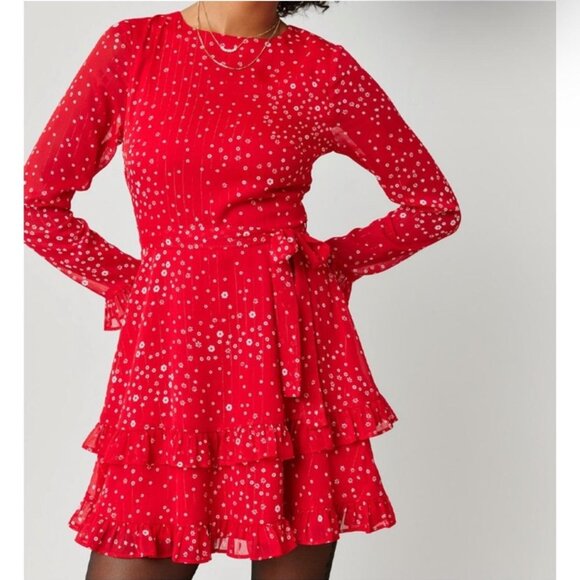 miami Dresses & Skirts - ♥️🎄 Red Dress * White Floral Detail * Long Ruffle-Sleeve & Hem * Fit & Flare
